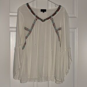 Artesia White 3/4 Length Bell Sleeve Front Tie Embroidered Detailing Size XL